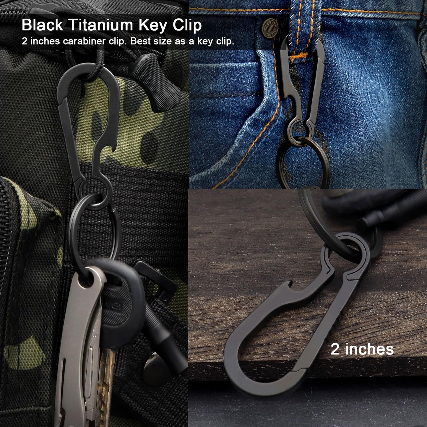 PJYTAC Titanium Carabiner for Keys Small Backpack Clip Black Heavy Duty Keychain Clips Anti-Lost Quick Release Key Chain Bottle Opener