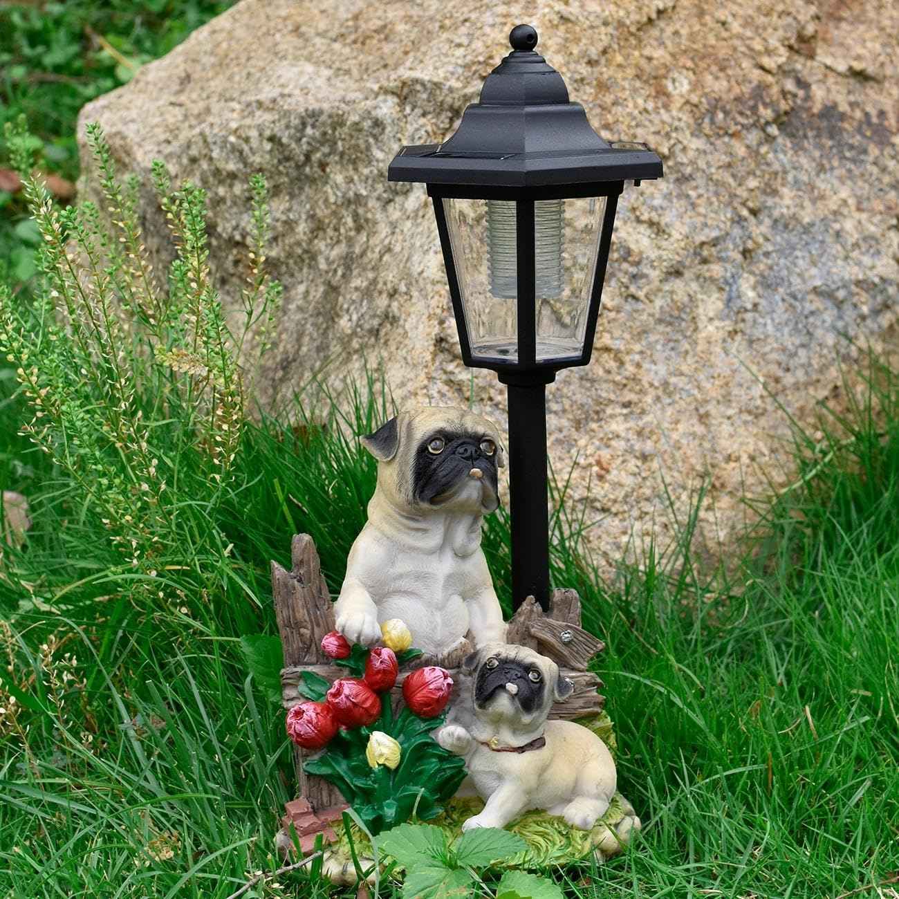 JIALINXIA Solar Garden Country Farm Pug Dogs with Light, Outside-Outdoor Decorations Animal Statue for Patio Yard Lawn Walkway Ornaments Clearance Gifts for Mom Grandma Birthday
