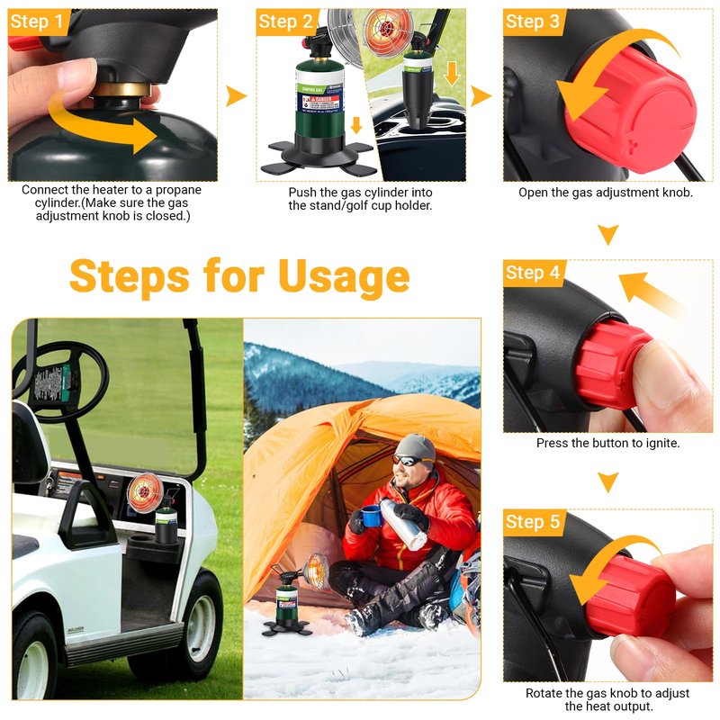 Golf Cart Heater,Portable Propane Camping Heater,2-in-1,with Cup Holder&Foldable Propane Cylinder Stand for EZGO Yamaha Club Car,Camping,Tents,Hunting,Ice Fishing(Fuel Cylinder not included)(2000℉)