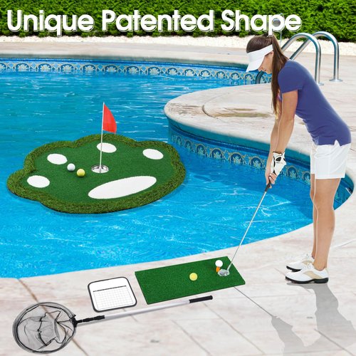 KEMLDIVS Floating Golf Green for Pool, Patented Pool Golf Game Floating Mat with Ball Retrieve Net/Scoreboard for Party & Training