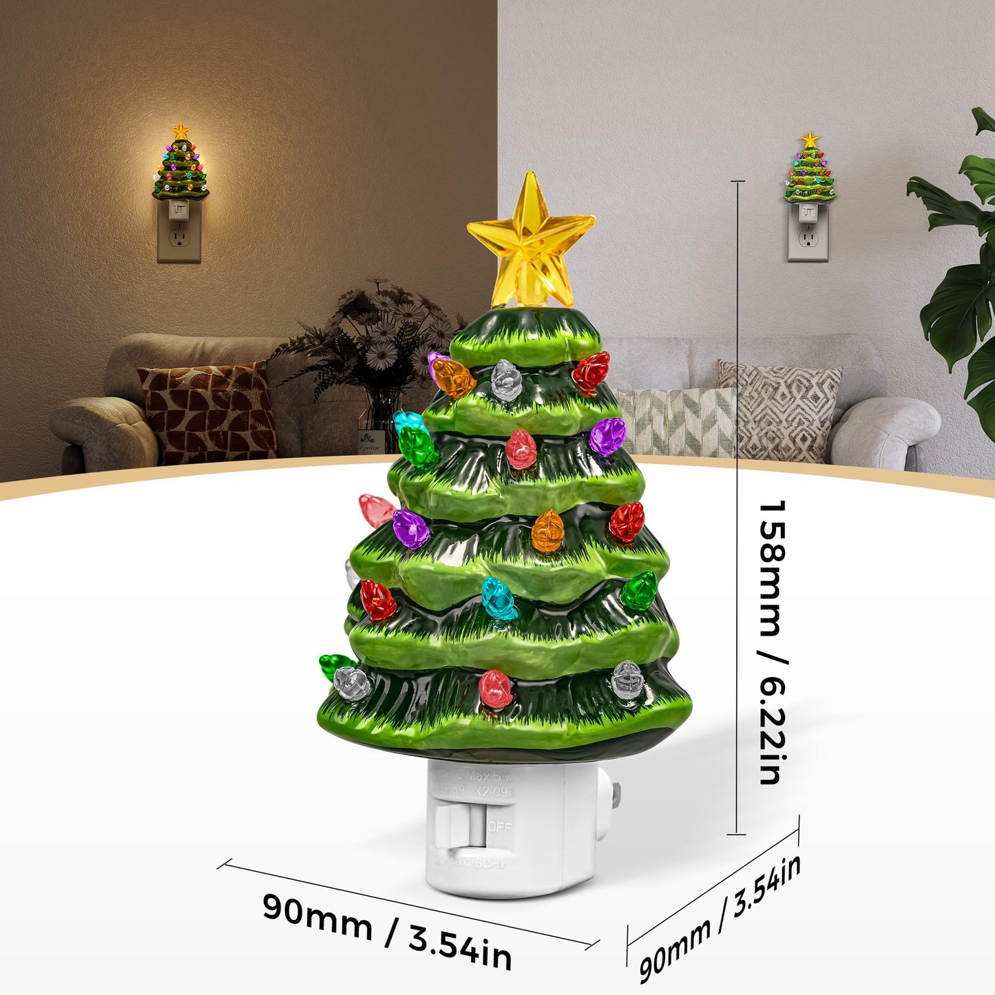 DORESshop Christmas Tree Night Light, 3000K Night Lights Plug into Wall, Cute & Funny Ceramic Christmas Decor Night Light for Kids, Plug in Nightlight with 360° Rotatable, Holiday Party Decor, 1 pack