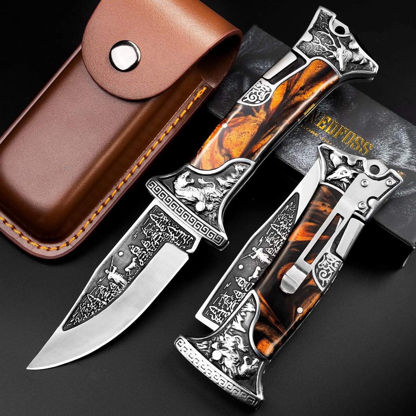 NedFoss TIGER ROAR Pocket Knife - Unique 3.5-Inch Engraved Folding Knife with Holster | Perfect Gift for Men