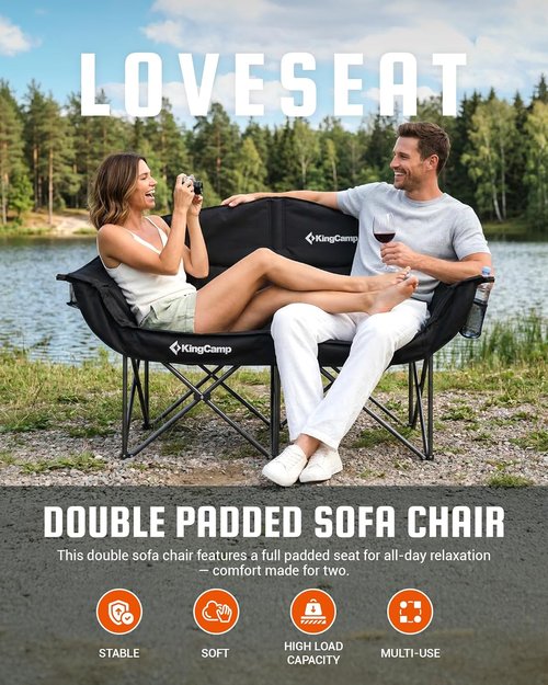 KingCamp Double Camping Chair - Oversized Heavy Duty 660lbs Loveseat for Adults | Portable Folding XL Couch with Cup Holder - Black