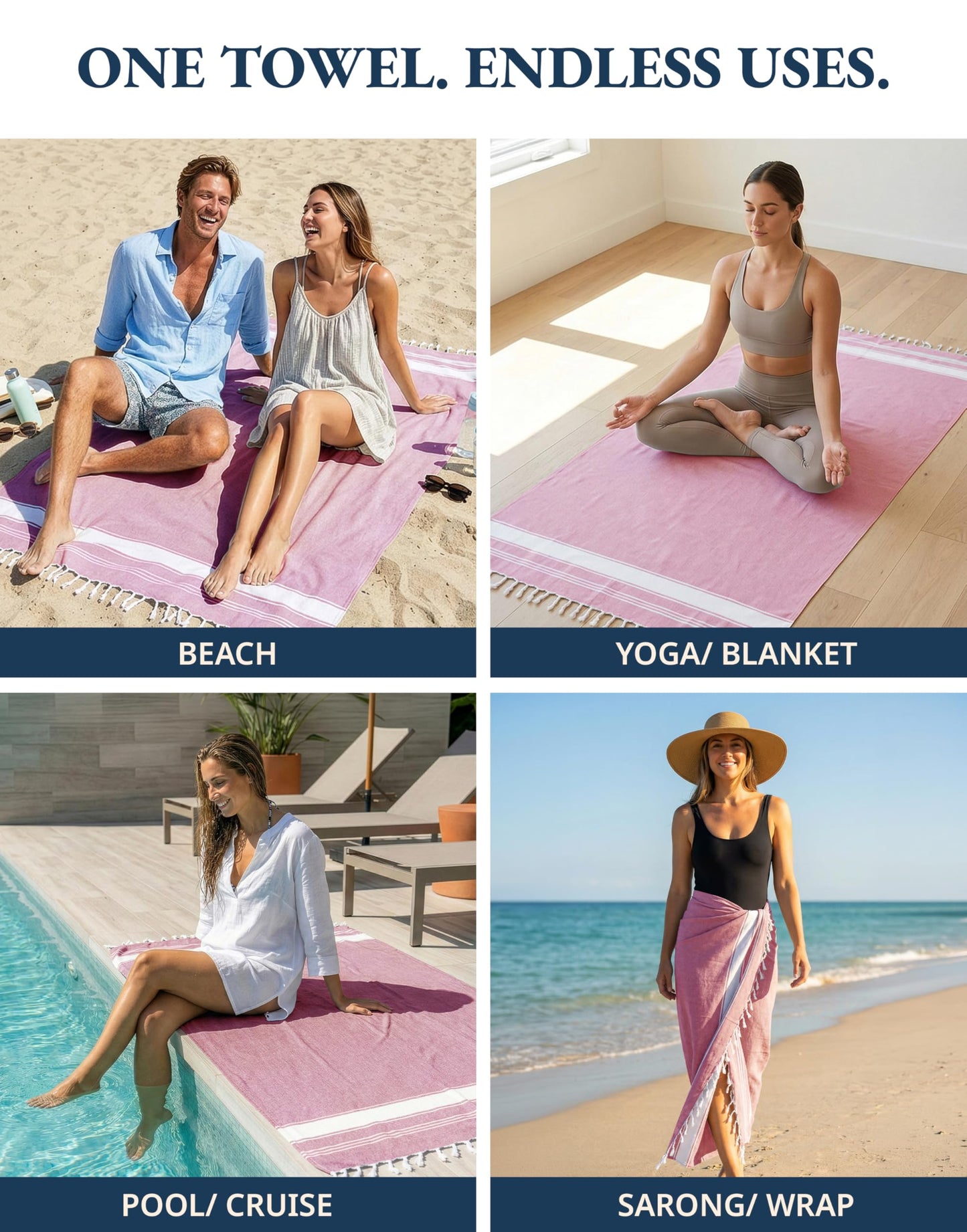 LANE LINEN Turkish Beach Towel, Oversized, 39"x71", Quick Dry - Candy Pink