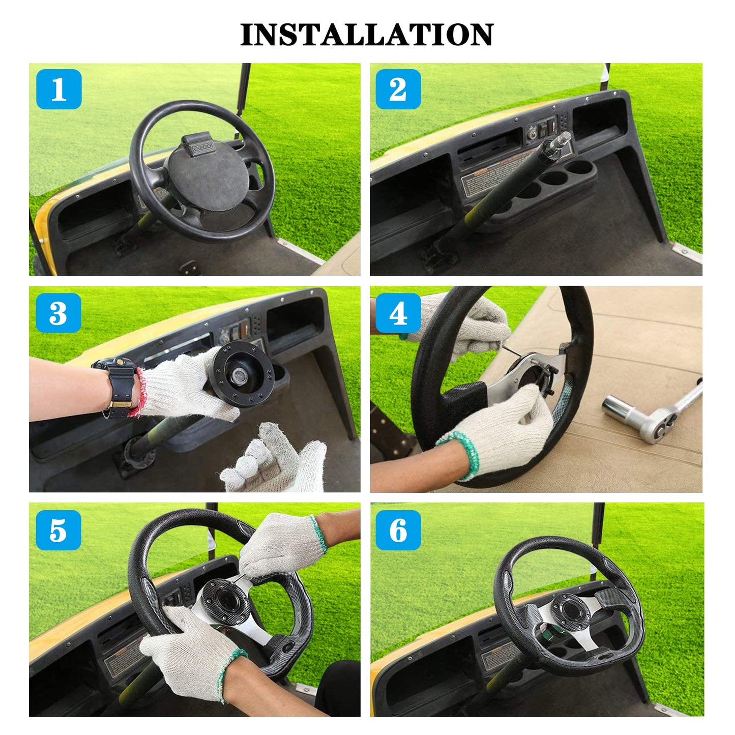 Golf Cart Steering Wheel Fit for EZGO RXV & TXT, Club Car DS, Club Car Precedent, Yamaha, Most Golf Cart (A Yamaha Adapter - Black)