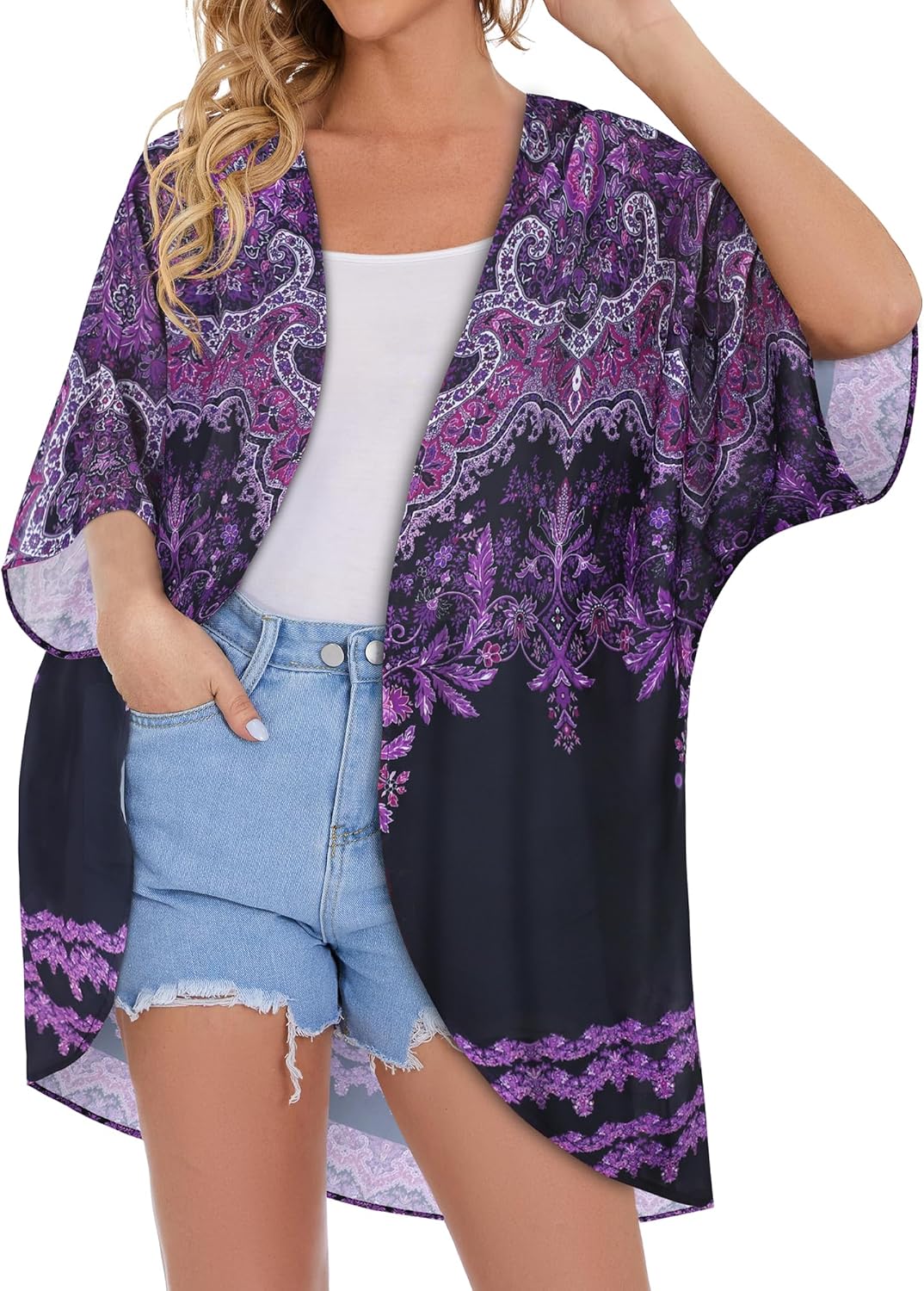 Skiennix Women's Floral Print Kimono Cardigan - Casual Puff Sleeve Cover-Up | Stylish Blouse Top