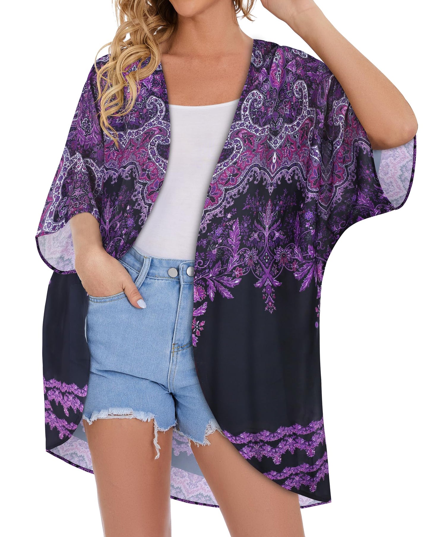 Women's Floral Kimono Cardigan Cover Up Casual Tops,Black Purple Boho,S