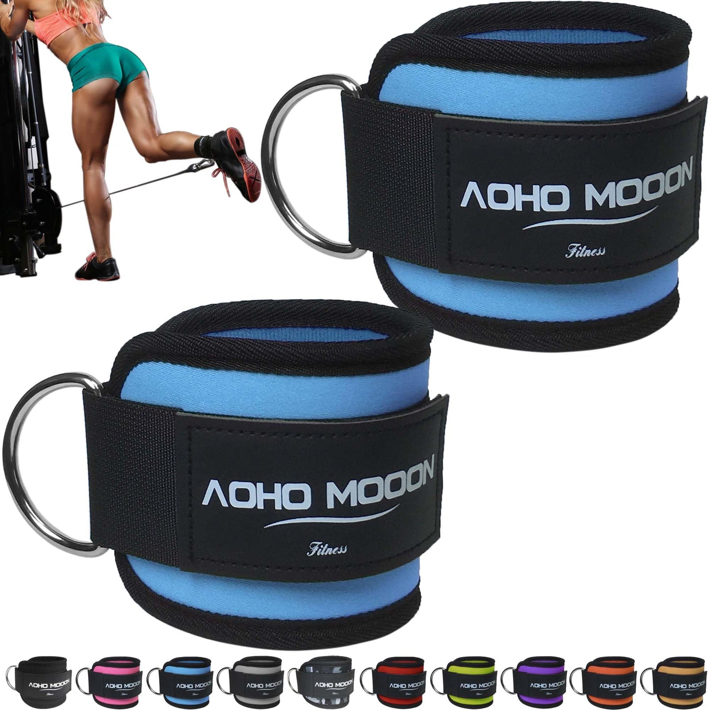 AOHO MOOON Ankle Strap (2 Pieces) for Cable Machine Women - Gym Workout Leg Strap, Premium Padding Ankle Cuffs, Glute Kickback Exercises Equipment, Pulley Attachment, One Size Fit All(Pair, Blue)
