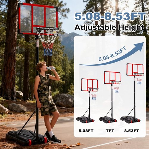 DUMOS 10FT Adjustable Height Basketball Hoop - 44 Inch Shatterproof Backboard & Shock Absorbent Rim | Portable for Indoor/Outdoor Use