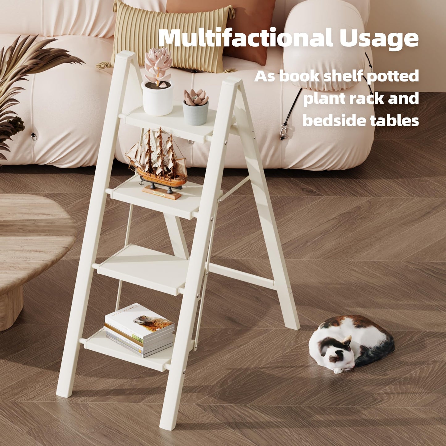 HillhutApex 4 Step Ladder, Lightweight Foldable 4 Step Stool with Anti-Slip Wide Pedal, 330lbs Capacity Aluminum Ladder for Household,Office,Garage(White)