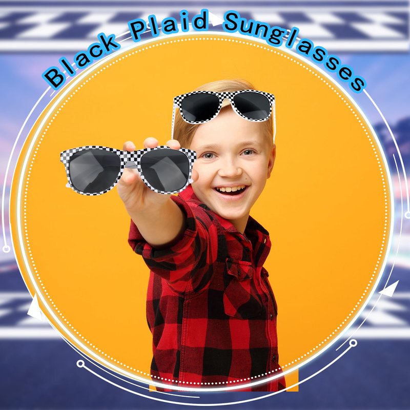 Octaday 24 Pcs Race Car Checkered Sunglasses Bulk White Frame Black Checker Sunglasses for Kids Racing Party Favor Supplies Racing Theme Birthday Gift