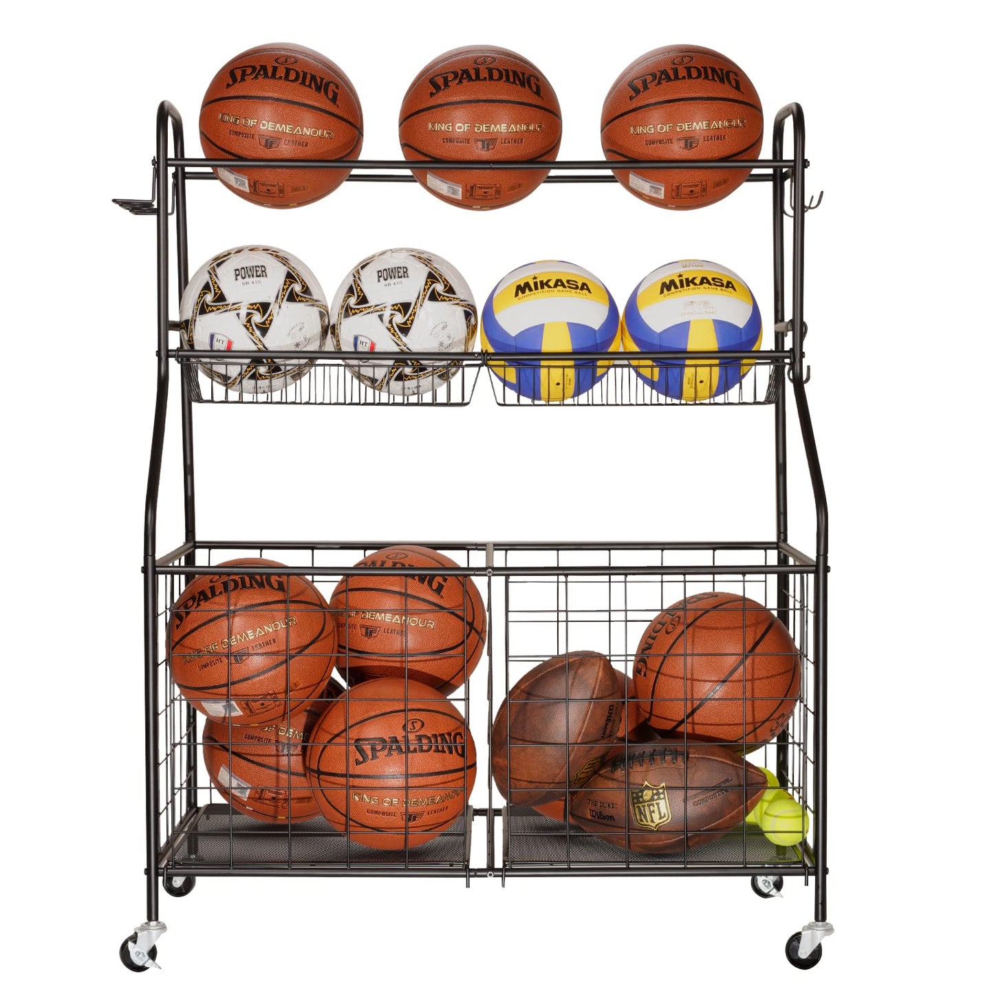 WEYMILA Sport Equipment Organizer for Garage, Steel Basketball Rack with Baseball Bat Holder and Hooks, Easy Assembly Storage for Balls, Kids' Toys, and Workout Gear in Basement, Home Gym, Outdoor