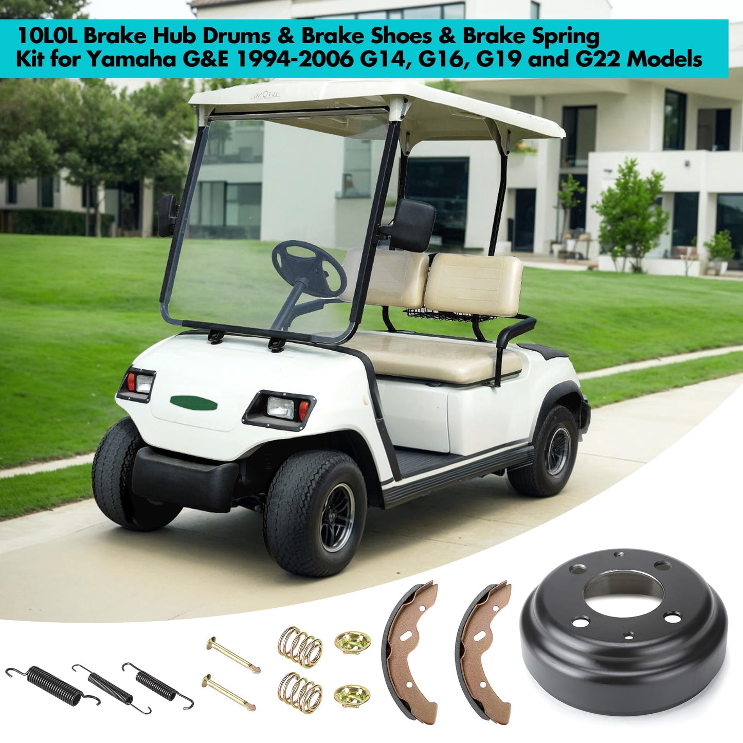 10L0L Yamaha Golf Cart Brake Repair Kit, Brake Hub Drums & Shoes & Spring kit fit Yamaha G14, G16, G19, G22 G&E 1994-2006 Models,OEM JU0-G6521-00-00, JN6-F5331-01-00, JN3-F5331-00