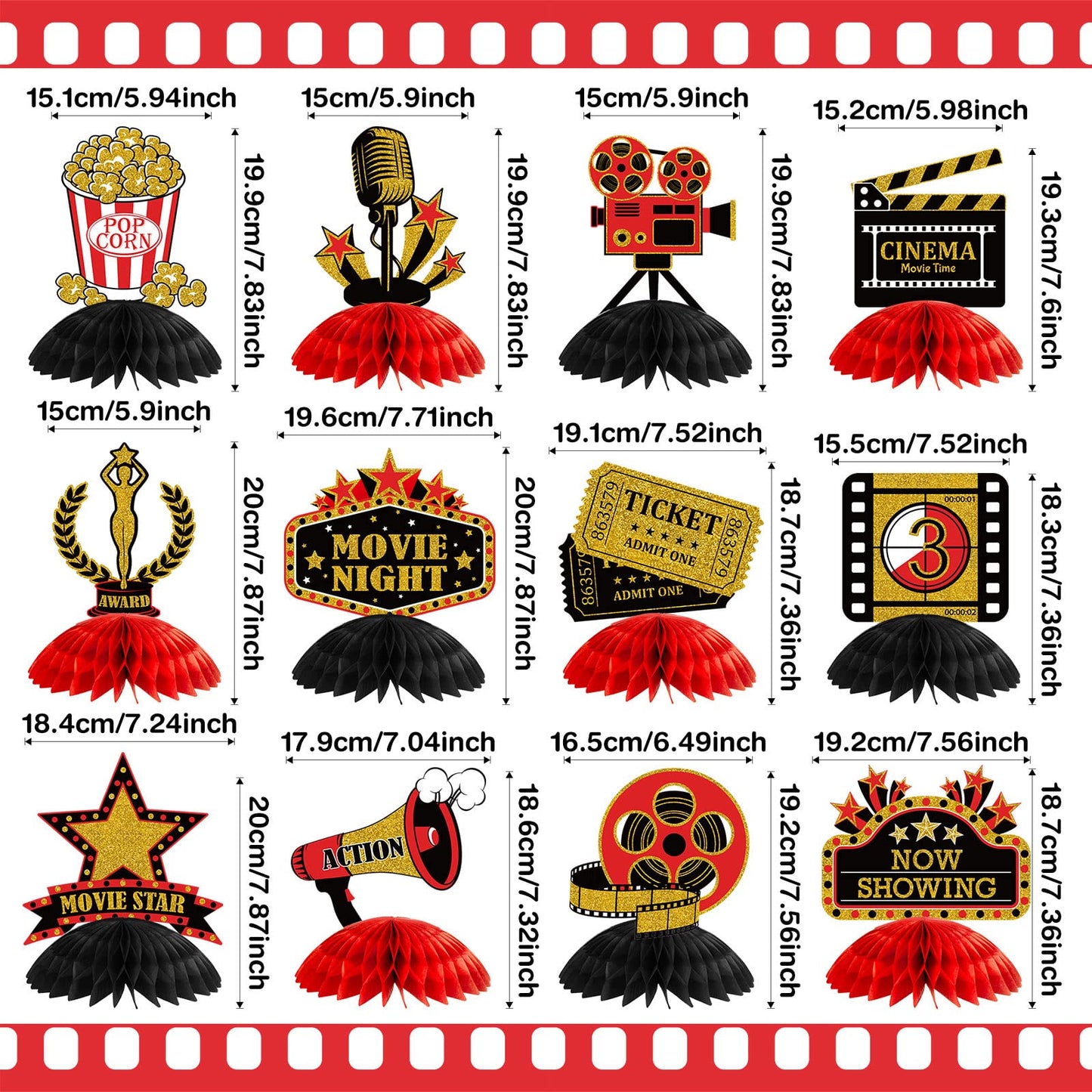 Pajean 12 Pieces Movie Night Party Decorations Supplies Movie Theater Centerpiece Honeycomb 3D Ticket Popcorn Star Table Topper Decor for Birthday Party Favors(Red)