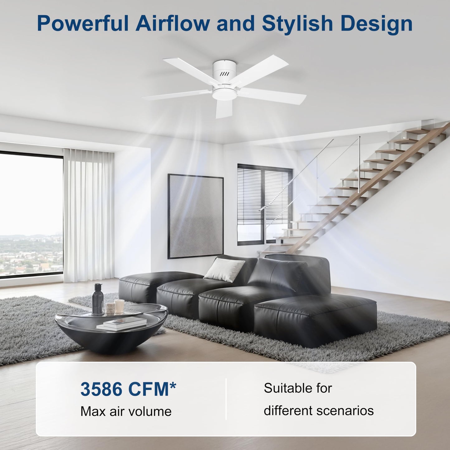 Ohniyou Ceiling Fan with Lights, 48" Flush Mount Ceiling Fan with Light and Remote, Low Profile, Silent DC Motor, Dimmable for Bedroom Living Room, White