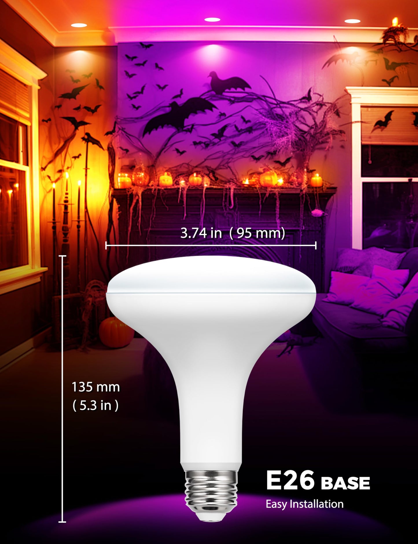 JandCase BR30 Purple & Orange Indoor Flood Light Bulbs, E26 Base, 11W (65W Equivalent), Not-Dimmable, 2 Pack for Halloween Decoration