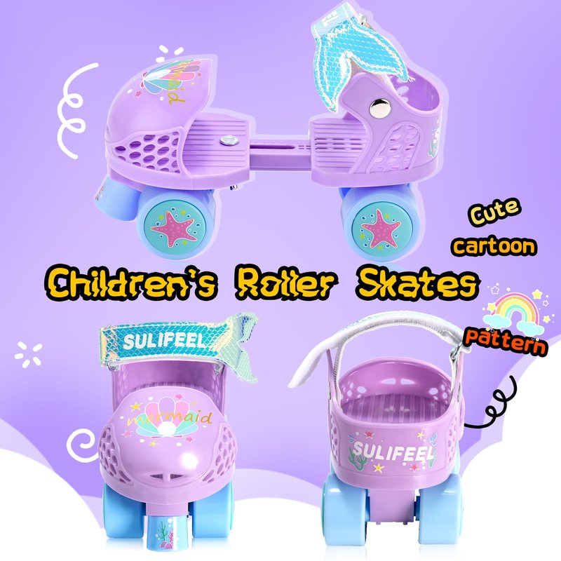SULIFEEL Kids Adjustable Quad Roller Skates,Toddler Beginner Roller Skates for Gilrs and Boys Age 2-5 Years Old Mermaid Purple