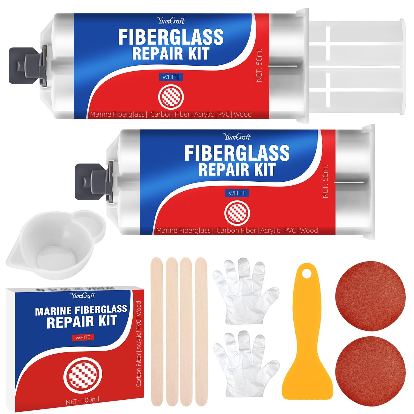 Marine Fiberglass Boat Repair Kit, 100ml Gel Coat Repair Kit for Boats, Fiberglass Repair Kit for Boats, Epoxy Resin Glue Filler Fix Scratch, Crack, Hole, Pit, Suitable for Porcelain Acrylic(White)