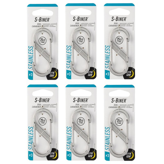 Nite Ize S-Biner Stainless Steel Dual Carabiner - Multi Purpose Dual Carabiner Clip - Great for Camping Supplies & Hiking Essentials - Secure Key Holder - Size 3, Stainless (6 Pack)