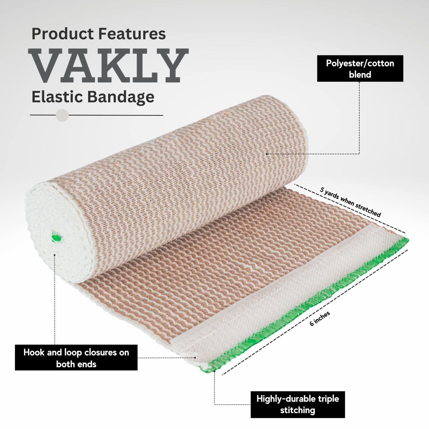 Vakly Elastic Bandage Wrap Roll 6" x 5 Yards (Pack) – Self-Closure Compression Bandage for Knee, Ankle & Wrist Support, First Aid Wrap for Sports, Sprains & Everyday Support