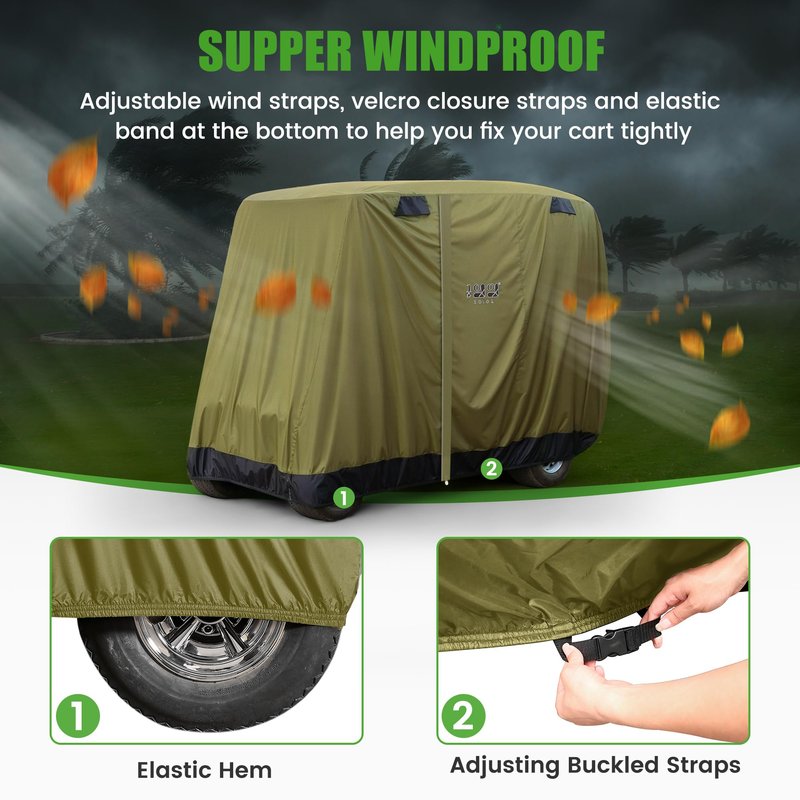 10L0L Universal Golf Cart Covers for Yamaha,Club Car, EZGO, Waterproof 2/4 Passenger Heavy Duty Golf Cart Rain Covers Extended Roof with 3 Zipper Doors (Green)
