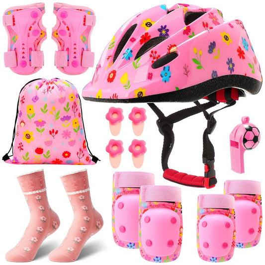 Saysurey 14 Pcs Kids Bike Helmet Knee Pads Knee Elbow Pads for Toddlers 3 to 8 Years Pink Helmet for Girls Wrist Guards with Drawstring Bag Sock Whistle and Hairpin for Skating Cycling(Flowers)