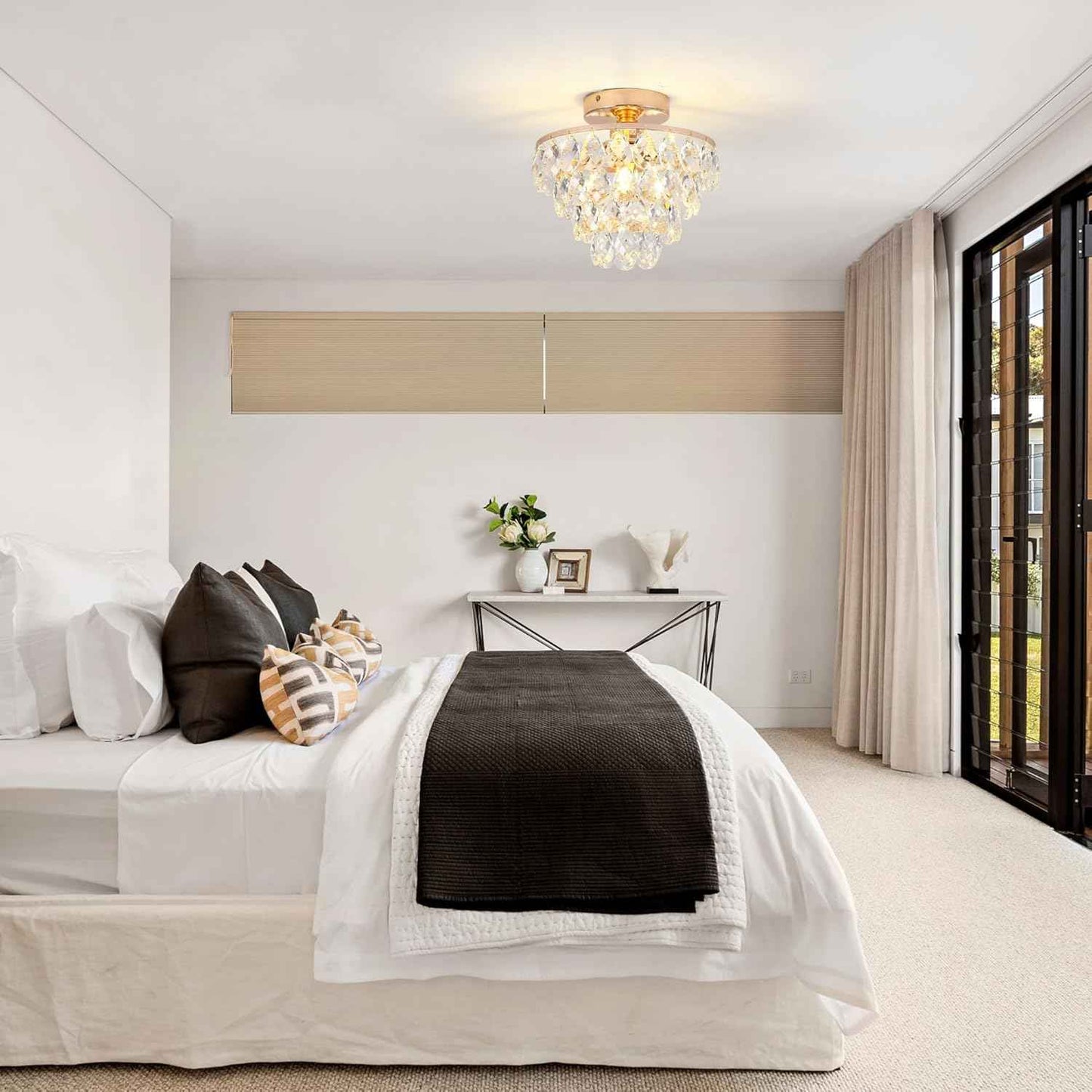 Gold Crystal Mini Chandelier - Modern Flush Mount Ceiling Light for Hallway & Bedroom