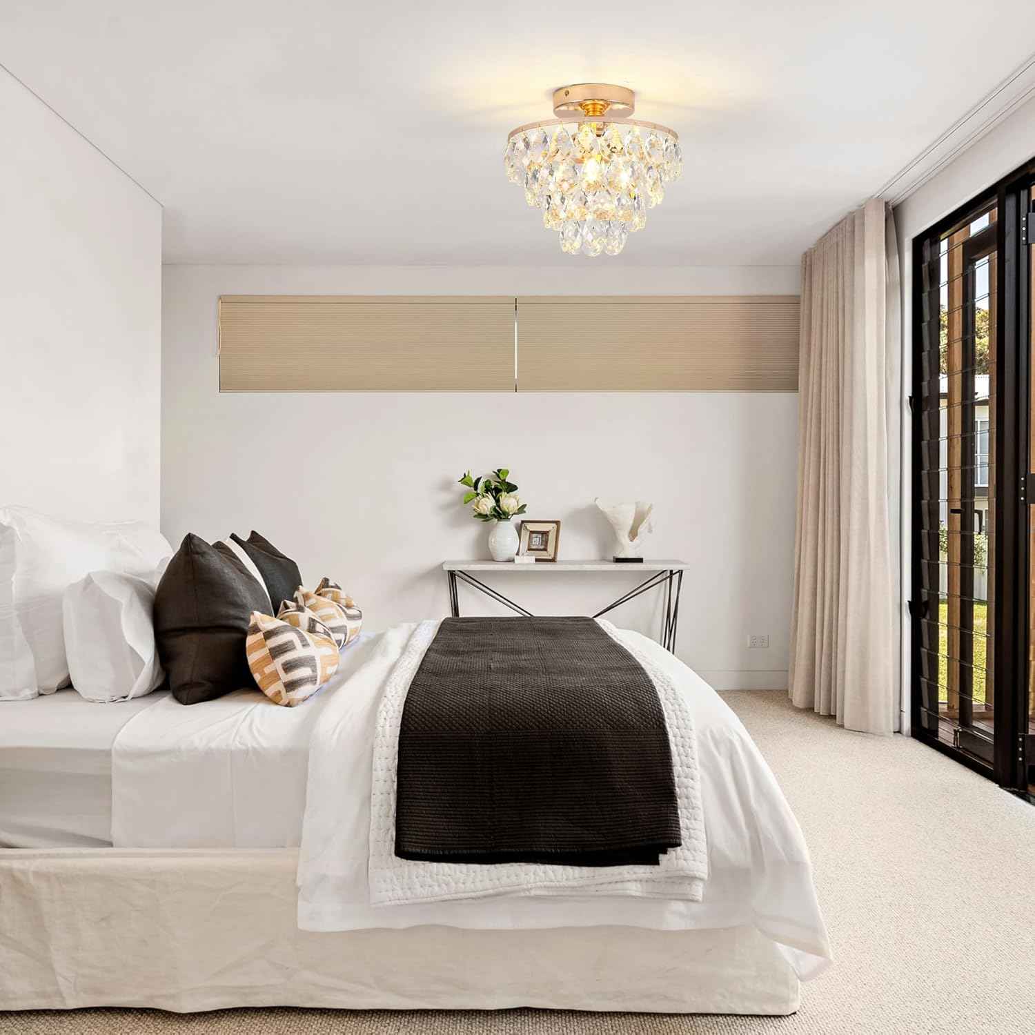 Gold Crystal Mini Chandelier - Modern Flush Mount Ceiling Light for Hallway & Bedroom