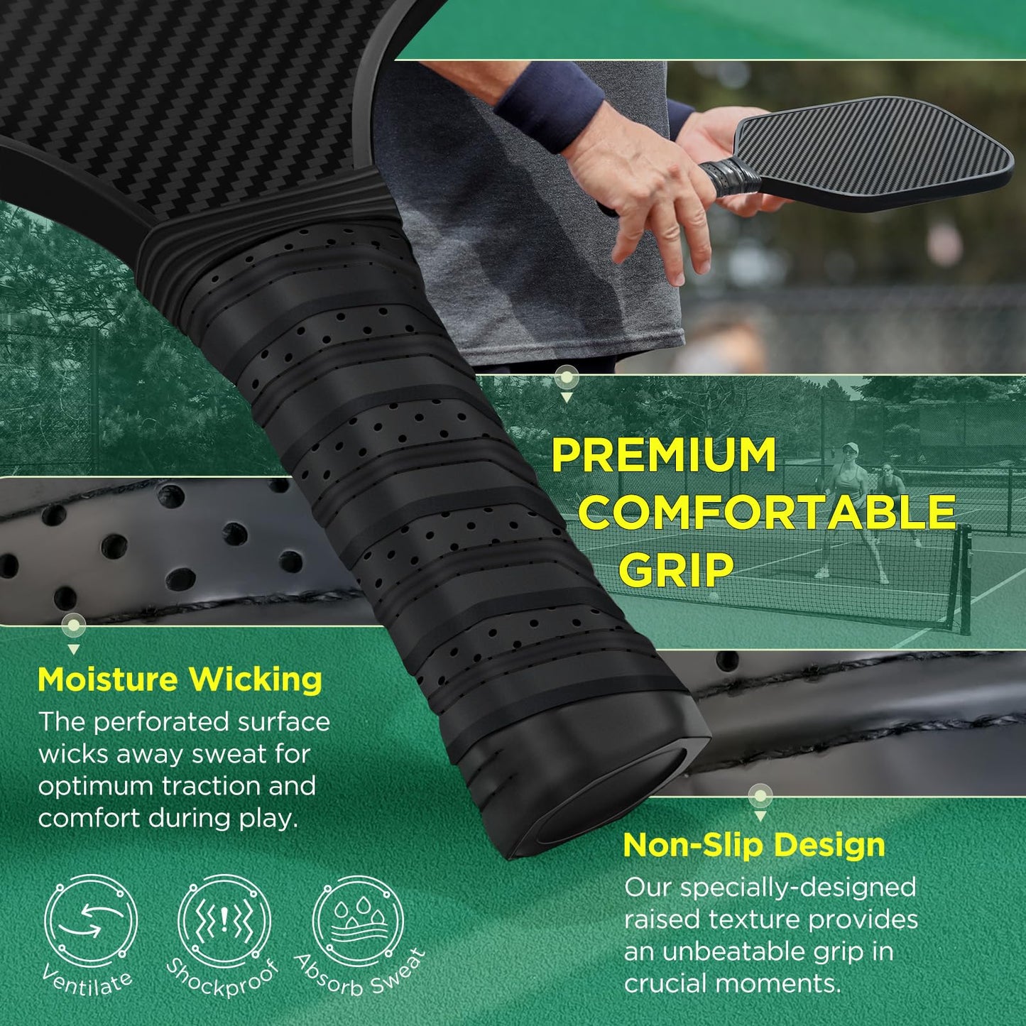 Carbon Fiber Pickleball Paddles, Anti-Slip Sweat-Absorbing Cushion Comfort Grip, 2 Paddles & 4 X-40 USAPA Standard Outdoor Pickleball (USAPA Approved for Tournament Play), 2 Grip Tapes, 1 Carry Bag