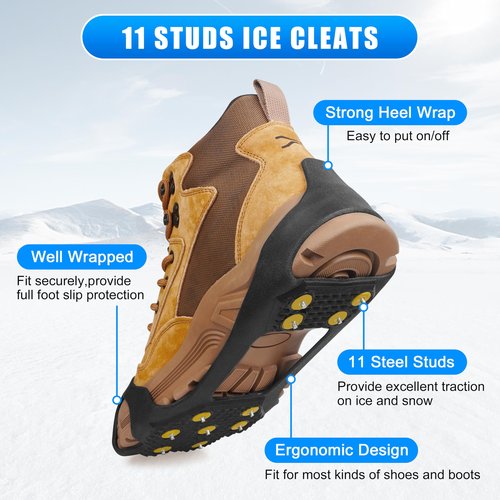 Ice Snow Cleats for Shoes and Boots Walk Traction Cleats Ice Crampon Non-Slip Overshoe for Men Women Winter Walking on Snow and Ice (11Studs, M)