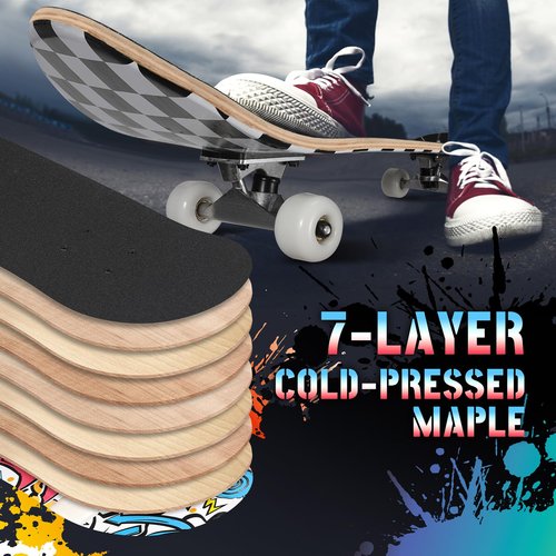 ANYFUN Pro Complete Skateboards for Beginners Girls Boys Kids Youths Teens Adults 31"x8" Skate Boards 7 Layers Canadian Maple Double Kick Deck Concave Longboard (Checkerboard)
