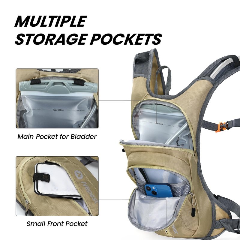 Nepest Hydration Pack Backpack with 2L Water Bladder, Lightweight Water Backpack for Hiking, Running, Biking, Khaki