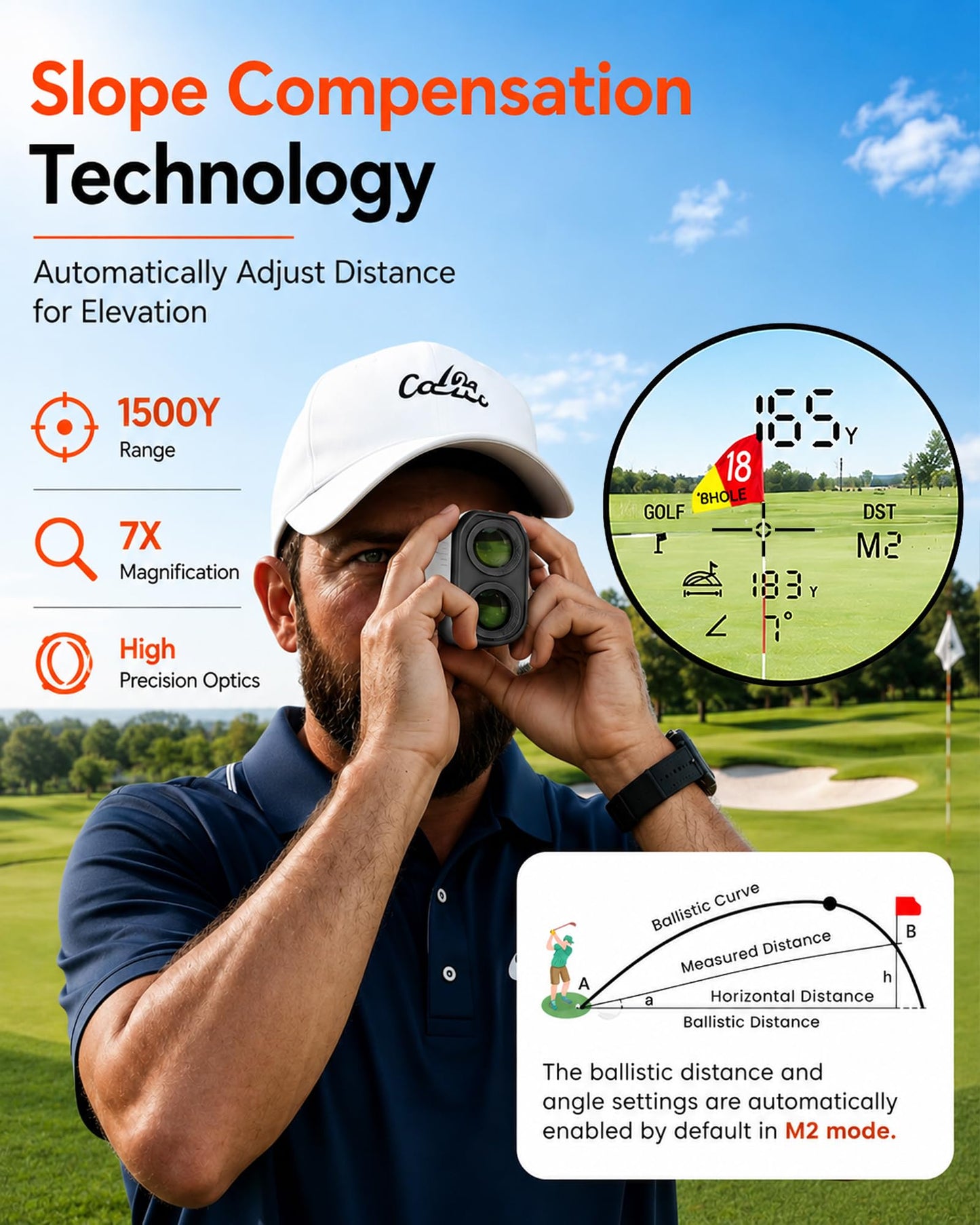 Golf Rangefinder with Slope, 1500 Yards Laser Range Finder with Flag Lock Vibration, 7X Magnification, Rechargeable Golf Rangefinder with Magnetic Mount, Fast Accurate Distance for Golf & Hunting
