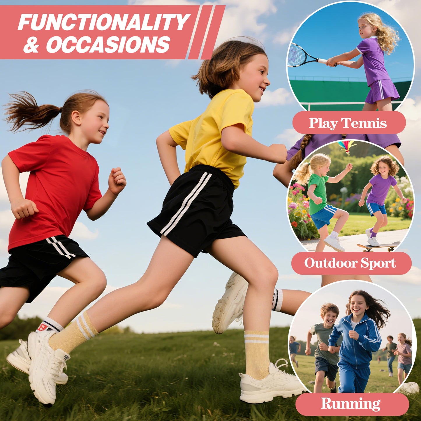 SAVALOS Kids Girls Socks Athletic Basketball Sport Youth Crew Cotton Gift Socks 6 Pairs Stocking Stuffers(Assorted,5-8 Years)