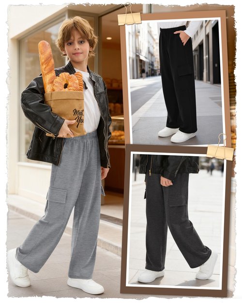 LessonZoo 3 Pack Boys' Sweatpants Wide Leg Baggy Cargo Pants with 4 Pockets Kids Elastic Waist Straight Loose Joggers(Medium,Black, Dark Heather Gray, Light Heather Gray)