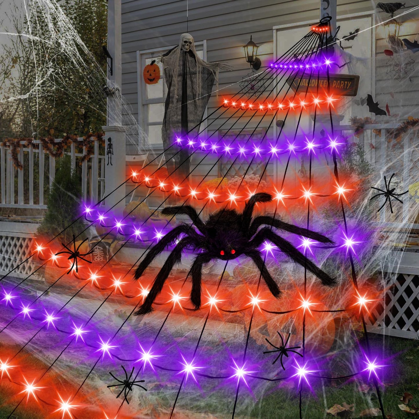Anycosy Halloween Lights Decoration, 10 FT×10 FT 110 LED Spider Web with Remote Control and Timer, Orange and Purple Halloween Light Outdoor 8 Modes for Decor