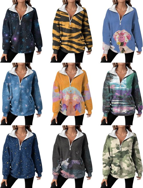 MARSVOVO Women's V-Neck Zip-Up Sweatshirt - Comfortable Loose Fit Plus Size with Pockets | Fall Essential