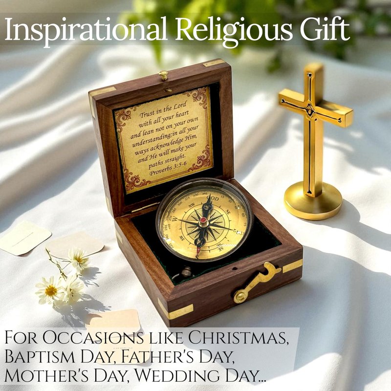 Compass Trust in Lord Religious Brass Compass Gift with Bible Proverb Engraved | Christian Inspirational Gift for Men, Faith Based Graduation, Birthday, Gift for Son, Holy Gift | Sundial Clock in Box