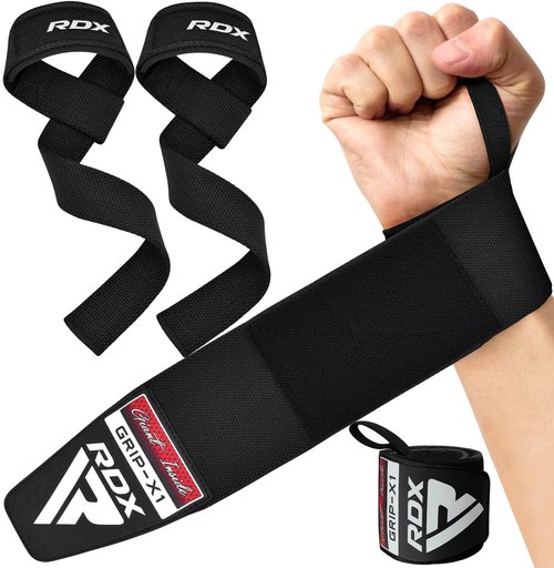 RDX Weight Lifting Wrist Wraps with Gym Straps, Elasticated 18” Cotton Wrap, 60CM Anti Slip Workout Strap Support, Bodybuilding Deadlifting Powerlifting Fitness Gymnastics Strength Training, Men Women