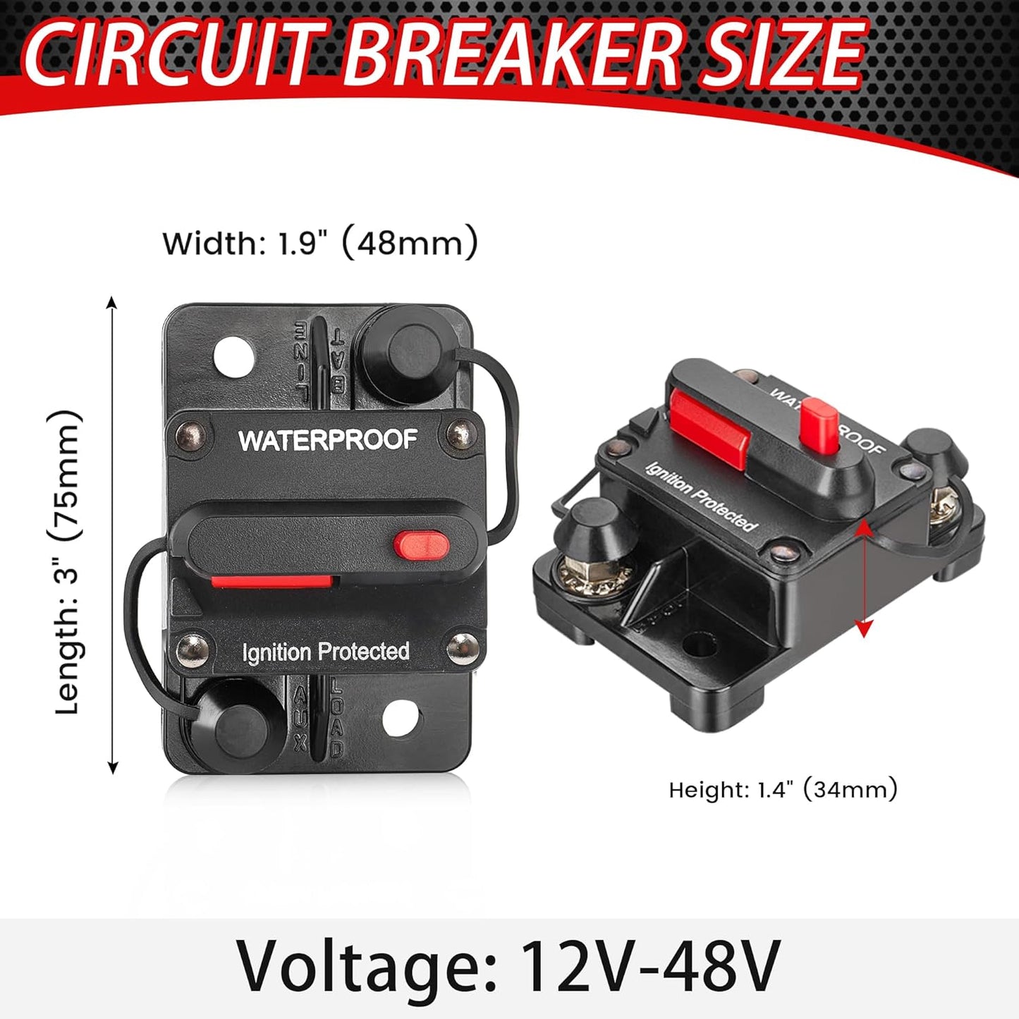 RED WOLF Waterproof 100Amp Circuit Breaker - Manual Reset Switch for Marine & ATV Battery Systems 12V-48V DC