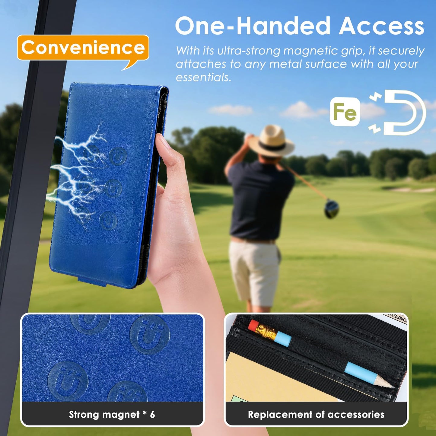 Femlotank All-in-One Magnetic Golf Scorecard Holder Yardage Book Cover, Premium Leather Scorecard Holder, Universal Fit for Scorecards, Sleek Design for Back Pocket Convenience Blue