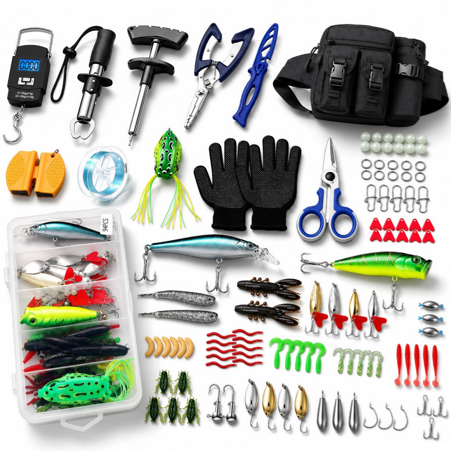 AOFUXTI Fishing Tool Kit - 112pcs Fishing Gear & Equipment, Fish Pliers, Hook Remover, Scale, Scissors, Lip Gripper, Lures