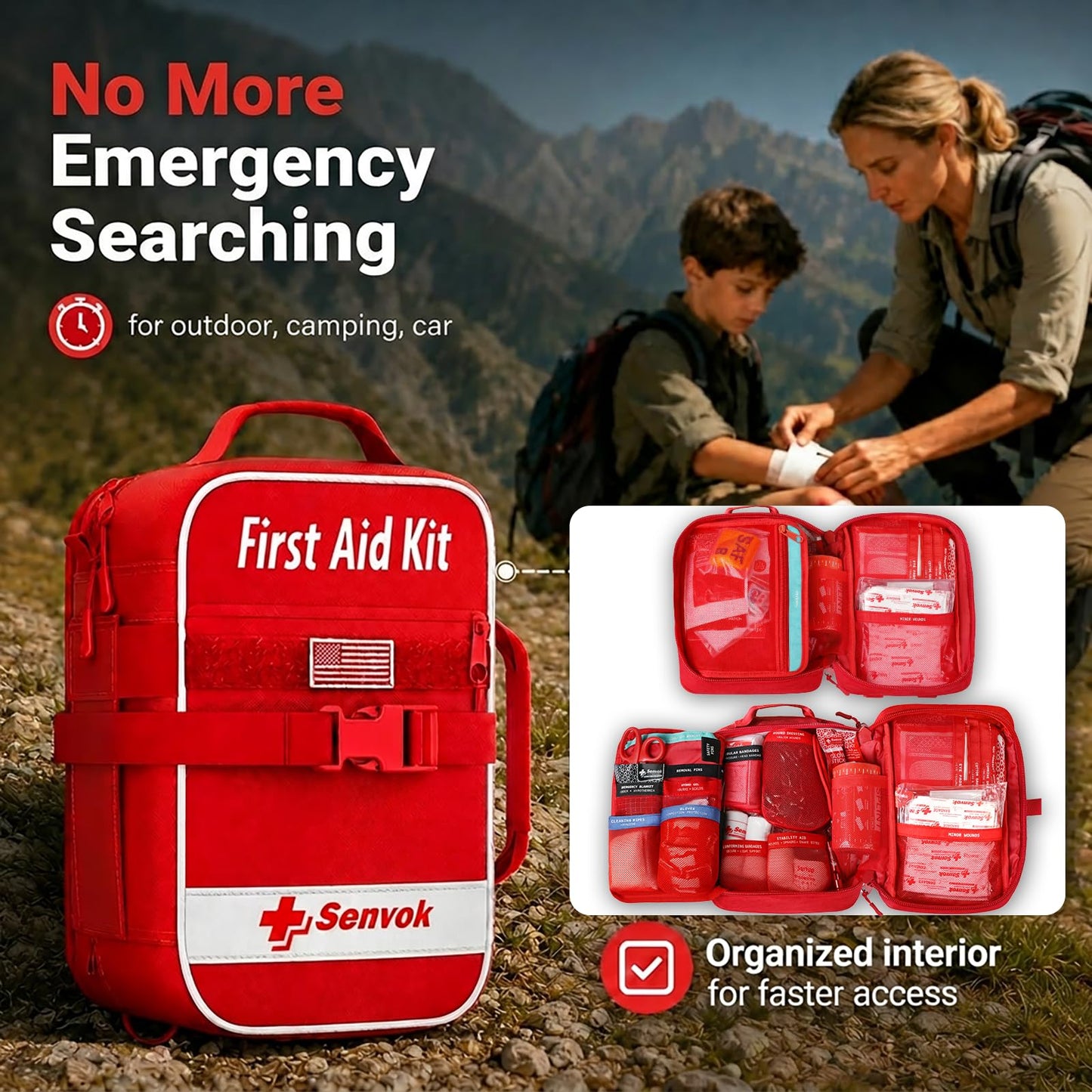 Senvok Large First Aid Kit for Car, Camping, Outdoor Adventures -with Color-Coded Labeled & Rip-Away Design for Fast Access- Molle Emergency Survival Kit with Zip Stitch Wound Closure