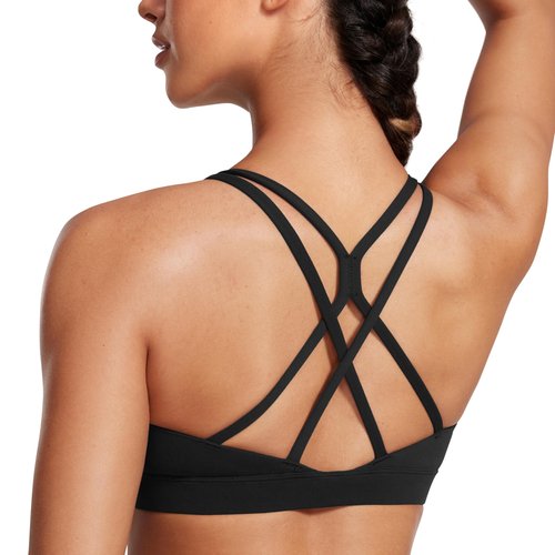 CRZ YOGA Womens Butterluxe High Neck Longline Sports Bras - Criss Cross Halter Wireless Padded Gym Workout Crop Top Black Medium