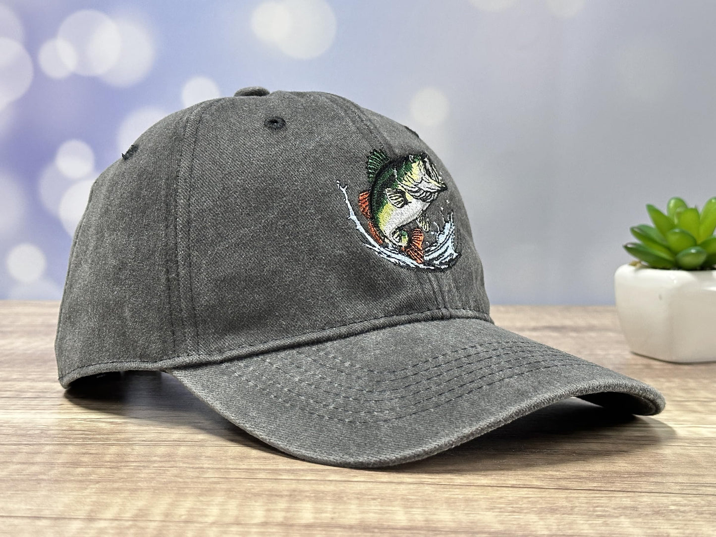 GDIQ Bass Fishing Hat, Gifts for Fisherman Angler Fish Lover, Boating Camping Outdoor Embroidered Baseball Cap, Adjustable Washed Black Dad Hat