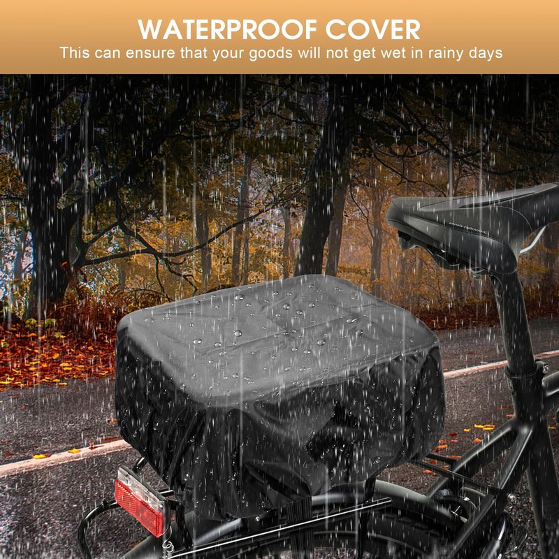 PIREKZUNT Bike Rear Basket with Waterproof Cover, Cargo Net, Wooden Base, 13.8"X11.8"X6.7" Heavy Duty Metal Ebike Rear Basket