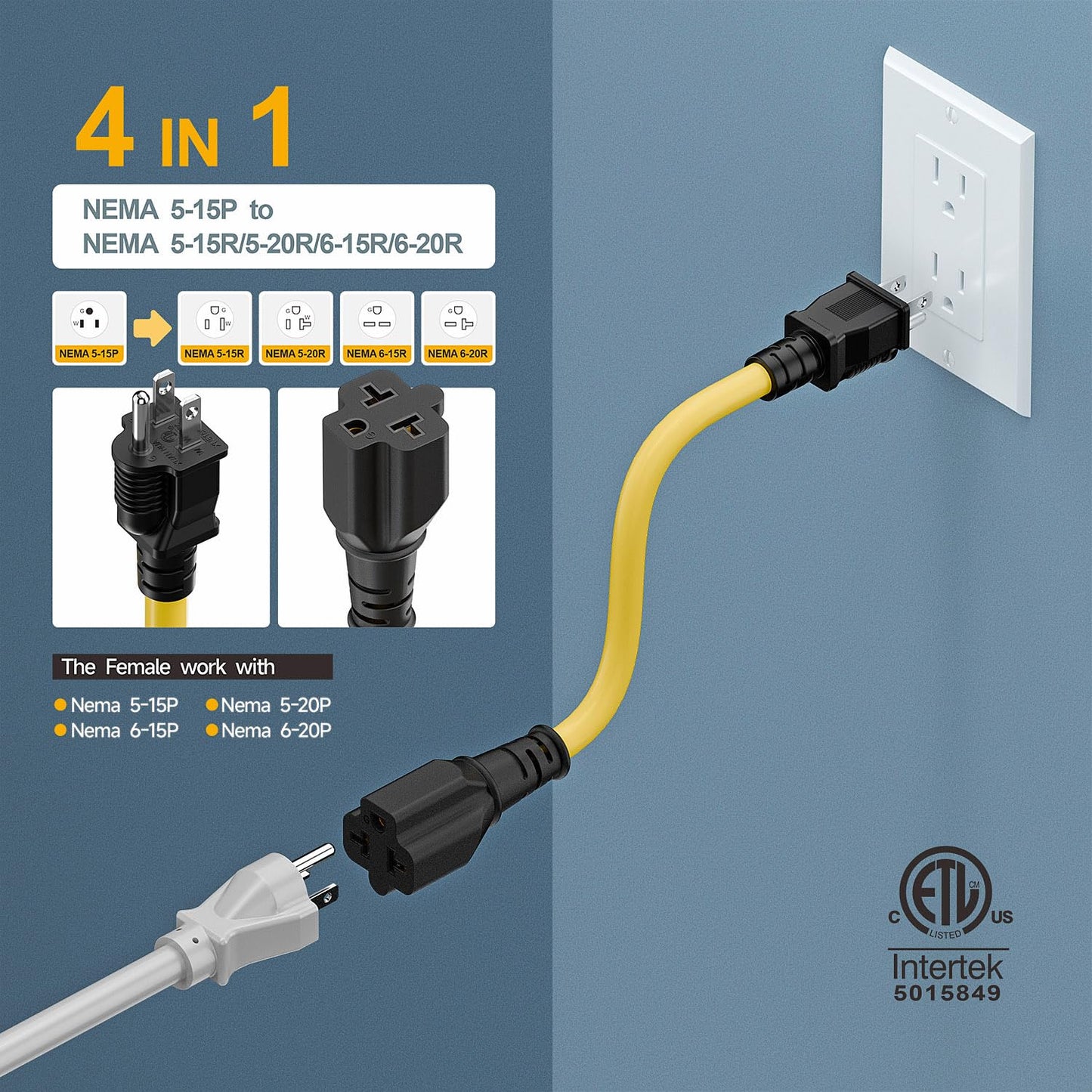 1-Foot Nema 5-15P to 4-in-1 Female Adapter Cable, 6-20R 12AWG Heavy Duty EV Charging Power Adapter,15A Household Plug to 6-20R T Blade Adapter Cord Yellow Cord