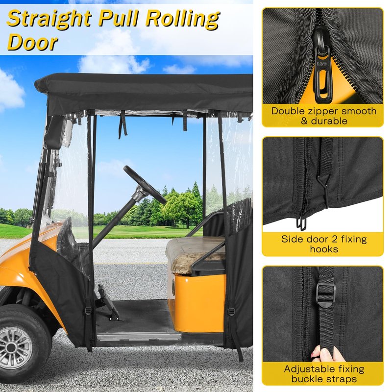 SANXIACAR Golf Cart Enclosure 2 Passenger for EZGO TXT 2 Seater Open Front Windshield 3-Sided Clear Windows Waterproof Transparent Driving Rain Covers Roll-up Zipper Door Black (with Seat Blanket)