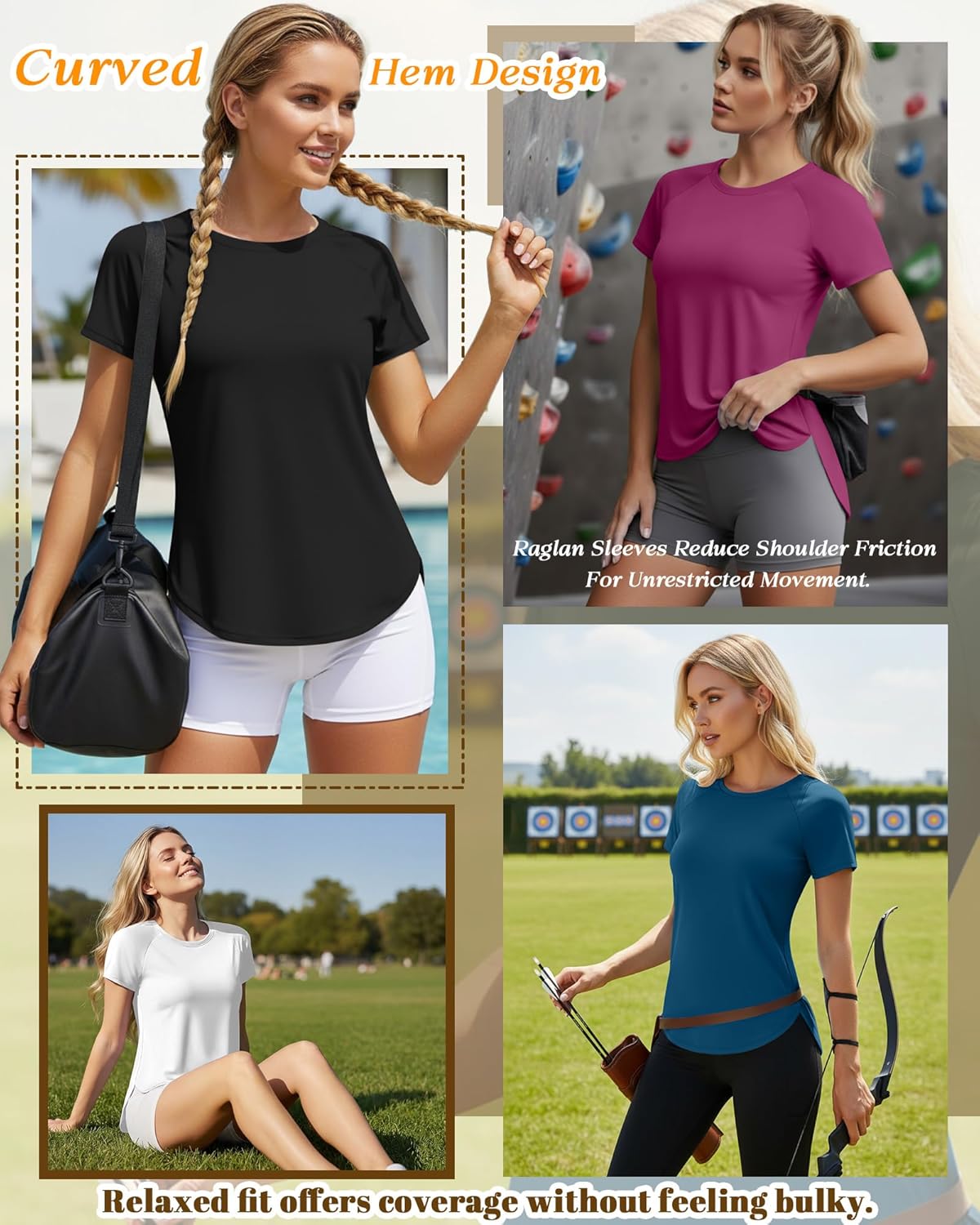 Oakgarden Women's Workout Tops - UV Protection, Quick Dry, Short Sleeve Athletic Shirts | 4 Pack