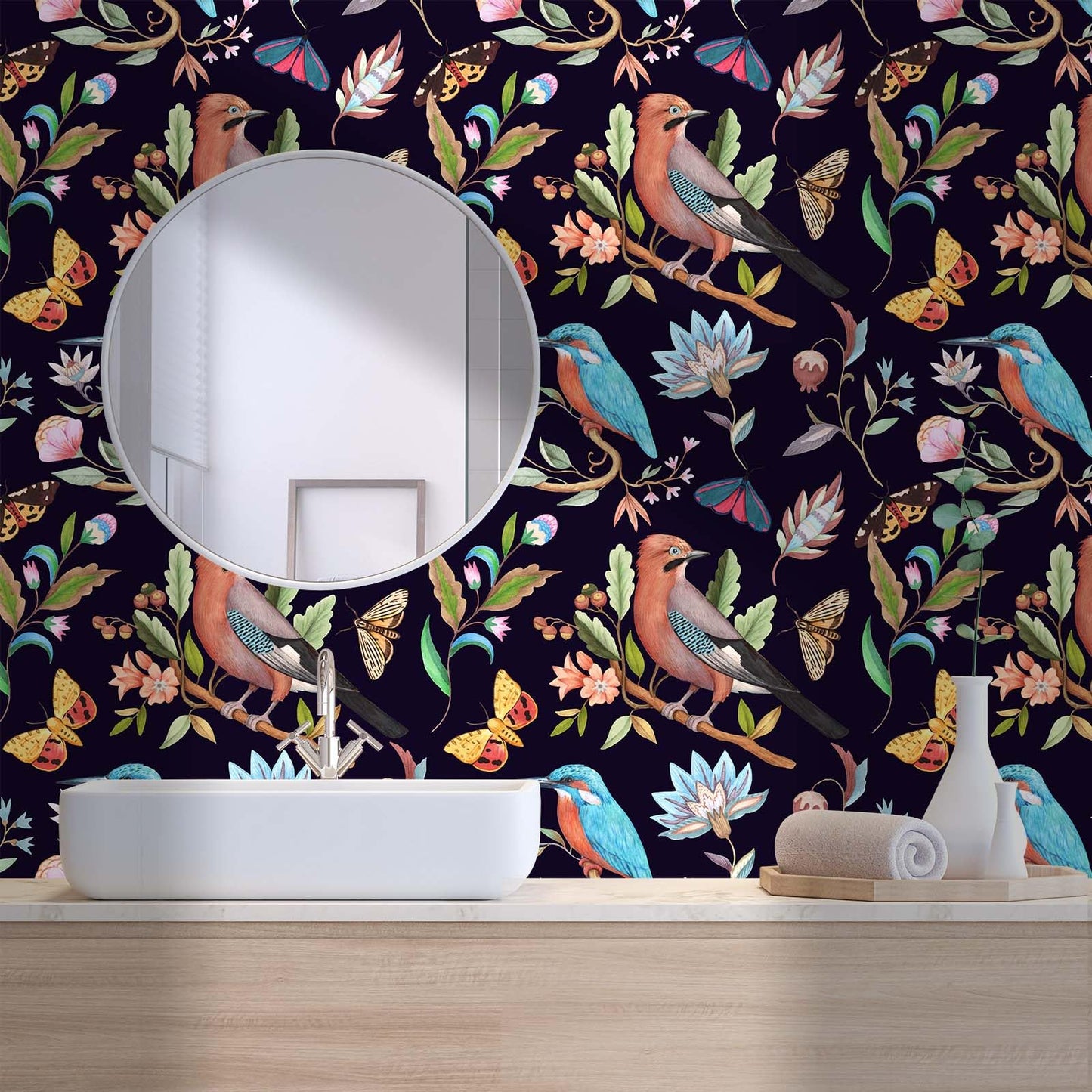 Wookmmy Vintage Black Floral Bird Peel and Stick Wallpaper Dark Botanical Design with Butterfly Removable Self Adhesive Vinyl Contact Paper for Cabinets Bathroom Wallpaper 17.7" x 70.8"